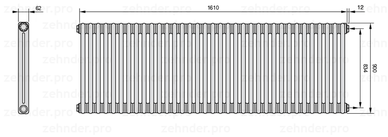 Схема (чертеж) Радиатор Zehnder Charleston 2090/35 №7610 Белый глянцевый RAL 9016